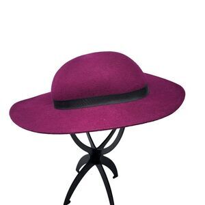 Vintage 60s Wool Felt Fuchsia Pink Wide Brim Derby Hat Black Ribbon Bow USA